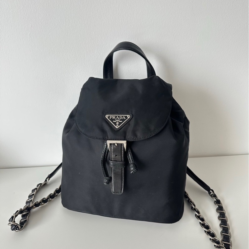 Prada黑銀鏈條雙肩包-0