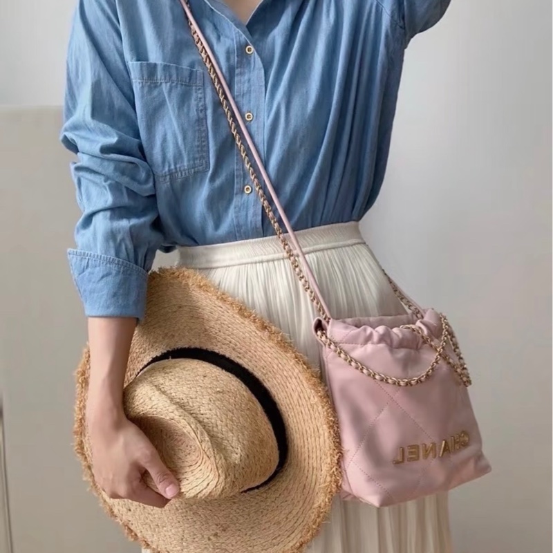 【配件：防塵袋、小票 💕 】Chanel 23K 22bag mini 粉色 淺粉色 櫻花粉色 金扣 牛皮 手提 單肩 斜挎-1