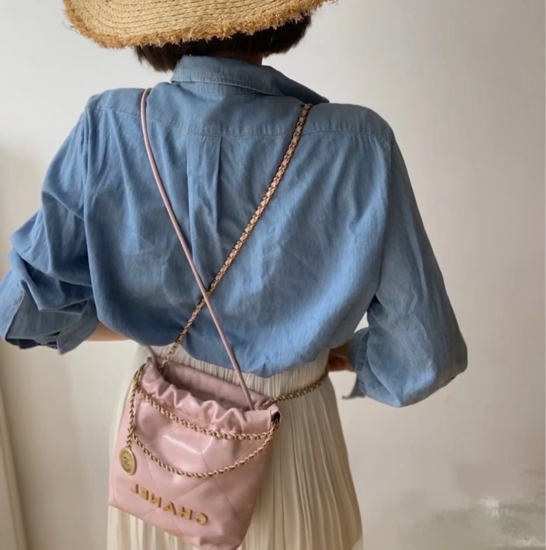 【配件：防塵袋、小票 💕 】Chanel 23K 22bag mini 粉色 淺粉色 櫻花粉色 金扣 牛皮 手提 單肩 斜挎-3