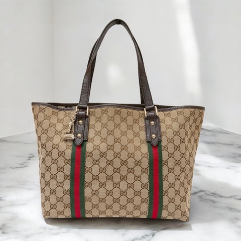 莉亞精品♡ Gucci 紅綠條紋老花托特包 二手美包