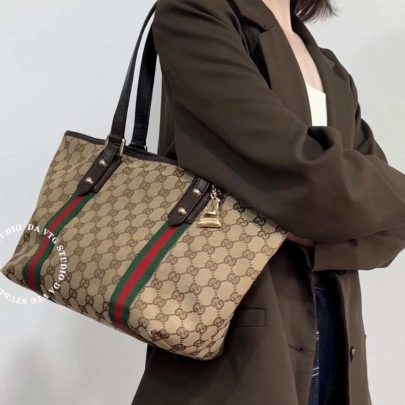 莉亞精品♡ Gucci 紅綠條紋老花托特包 二手美包-1