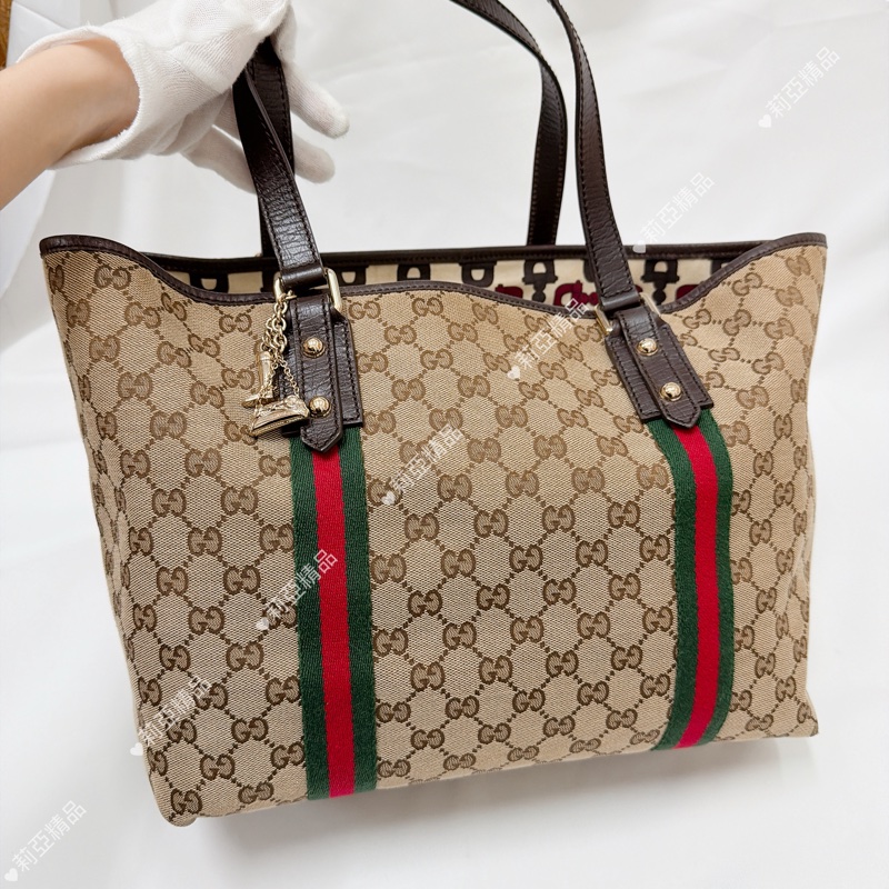 莉亞精品♡ Gucci 紅綠條紋老花托特包 二手美包-2