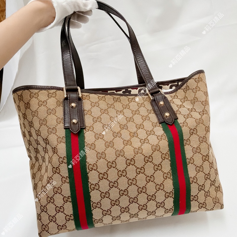 莉亞精品♡ Gucci 紅綠條紋老花托特包 二手美包-3