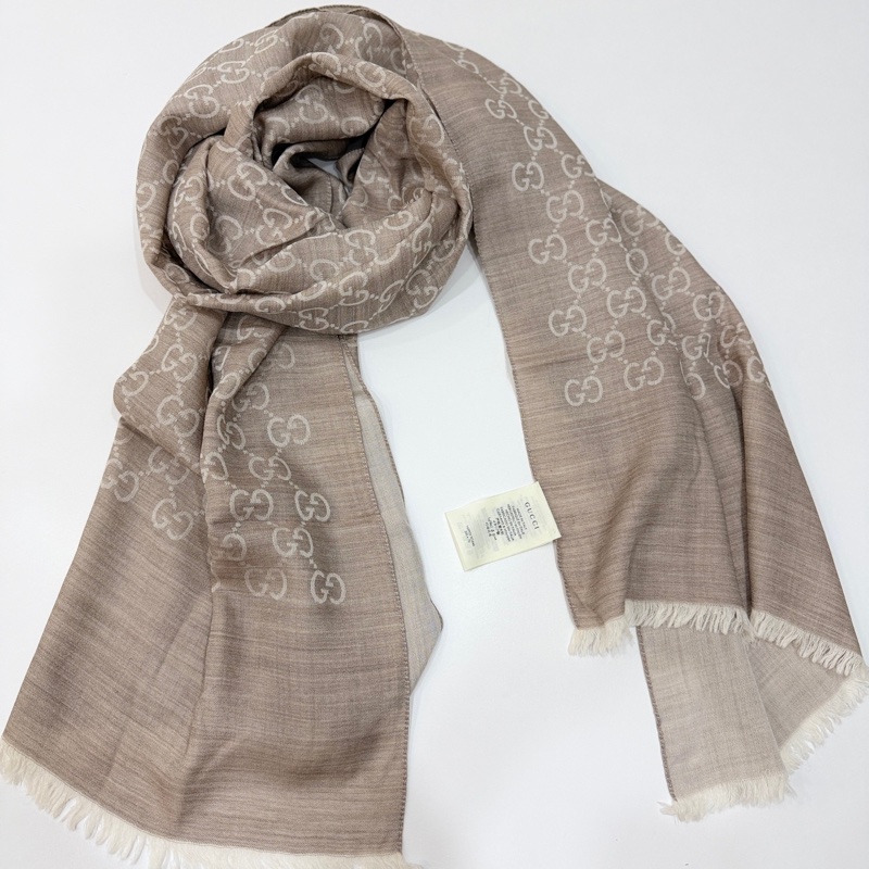gucci 雙面 logo 羊絨 燕麥色 圍巾 披肩-0