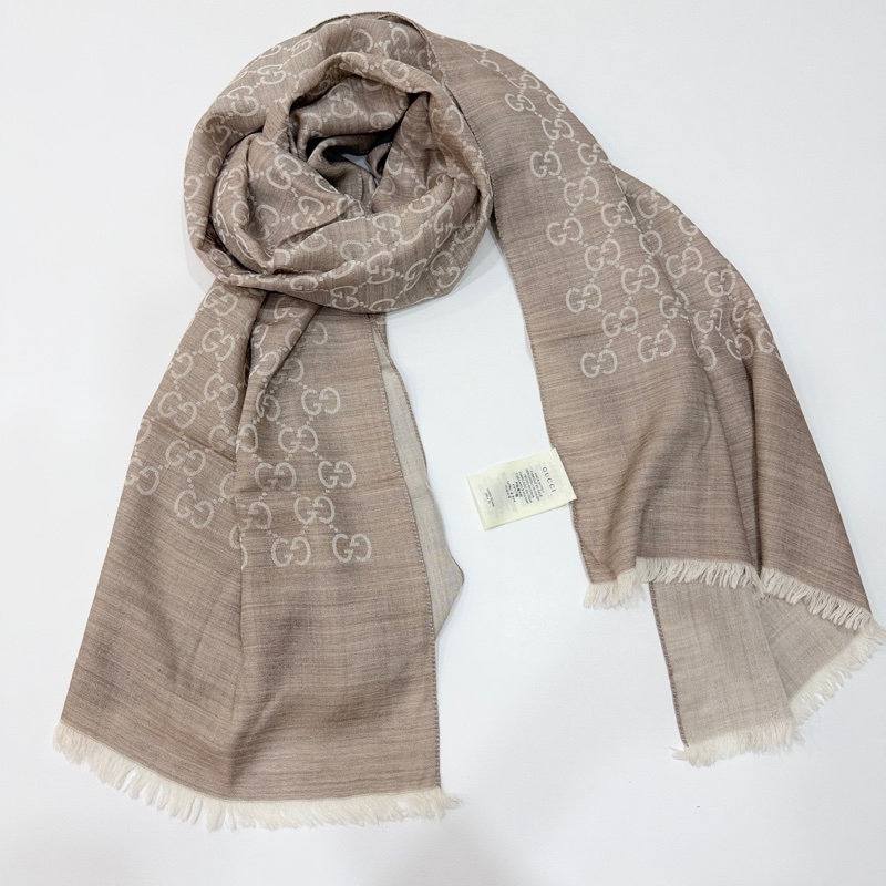 gucci 雙面 logo 羊絨 燕麥色 圍巾 披肩-1