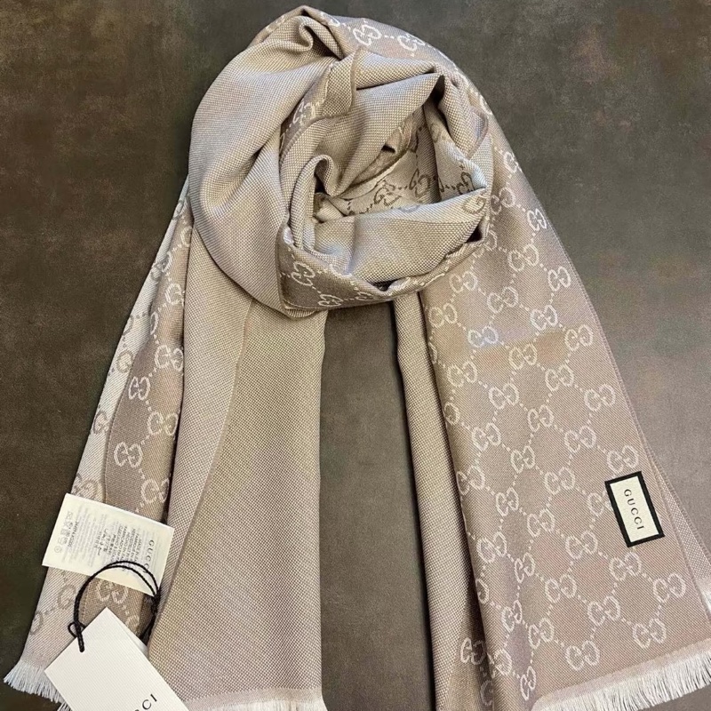 gucci 雙面 logo 羊絨 燕麥色 圍巾 披肩-2