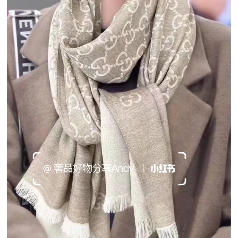 gucci 雙面 logo 羊絨 燕麥色 圍巾 披肩-3