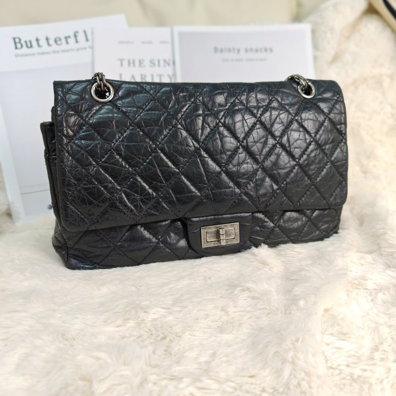 Chanel 2.55 中號 黑銀 油蠟皮格菱紋 鏈條包 缺鐳射標-0