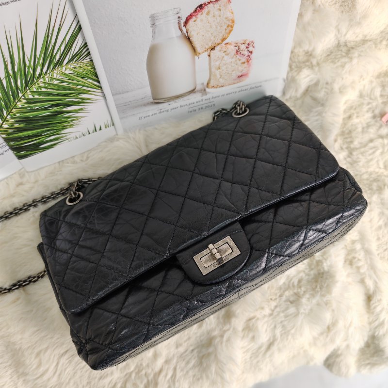 Chanel 2.55 中號 黑銀 油蠟皮格菱紋 鏈條包 缺鐳射標-2