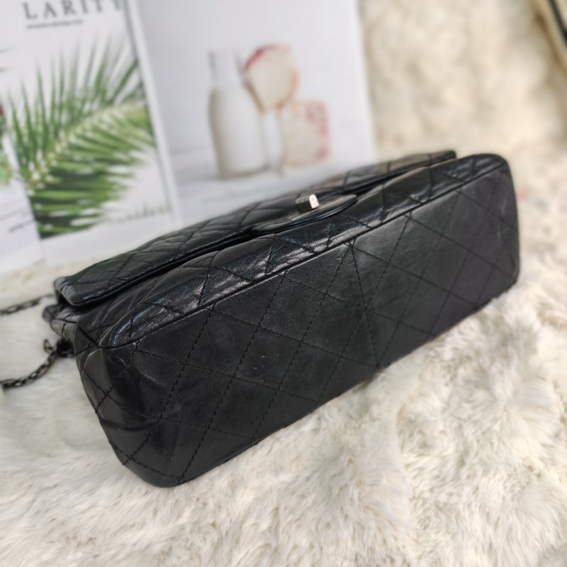 Chanel 2.55 中號 黑銀 油蠟皮格菱紋 鏈條包 缺鐳射標-3