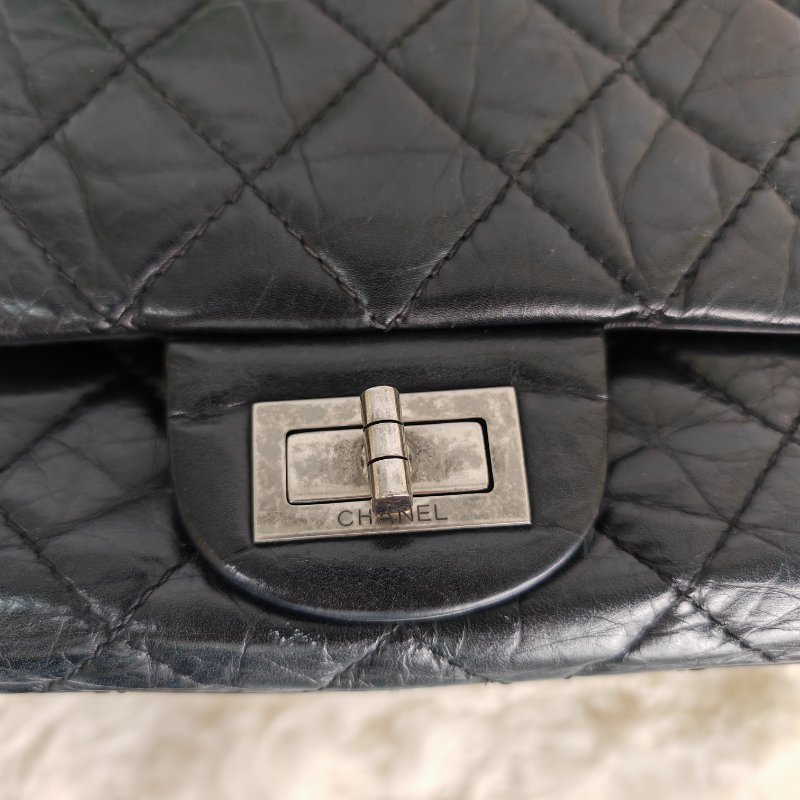 Chanel 2.55 中號 黑銀 油蠟皮格菱紋 鏈條包 缺鐳射標-4