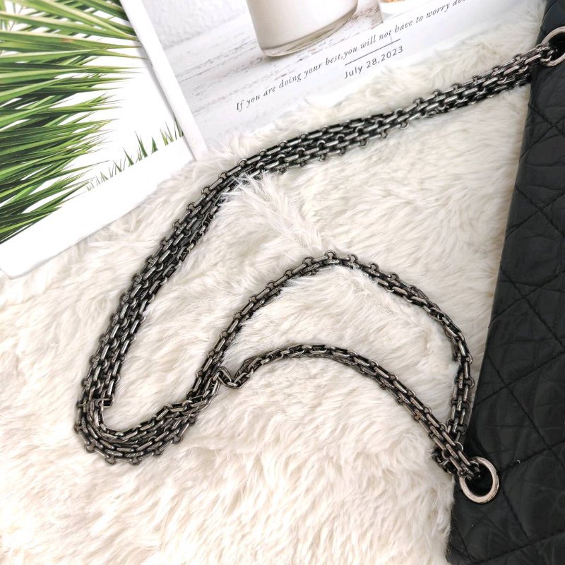 Chanel 2.55 中號 黑銀 油蠟皮格菱紋 鏈條包 缺鐳射標-5