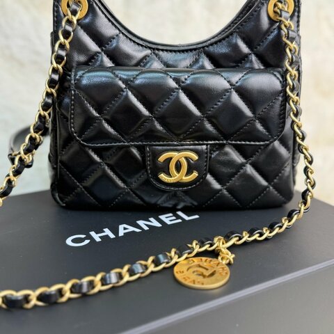 Chanel 天貓精靈 嬉皮流浪包 黑色 菱格紋 油蠟皮 小號 金幣 金扣