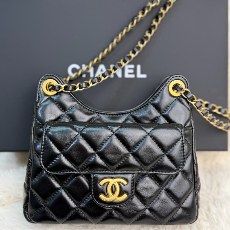 Chanel 天貓精靈 嬉皮流浪包 黑色 菱格紋 油蠟皮 小號 金幣 金扣-1