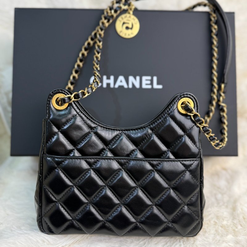 Chanel 天貓精靈 嬉皮流浪包 黑色 菱格紋 油蠟皮 小號 金幣 金扣-5