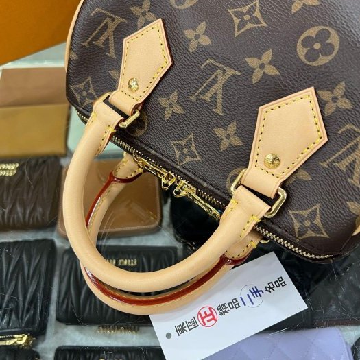 東區正精品㊣LV M46234 SPEEDY 20CM 原花字紋迷你黑色拚粉色手提肩背背帶兩用波士頓包 RZ6121-7