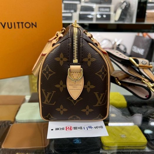 東區正精品㊣LV M46234 SPEEDY 20CM 原花字紋迷你黑色拚粉色手提肩背背帶兩用波士頓包 RZ6121-8