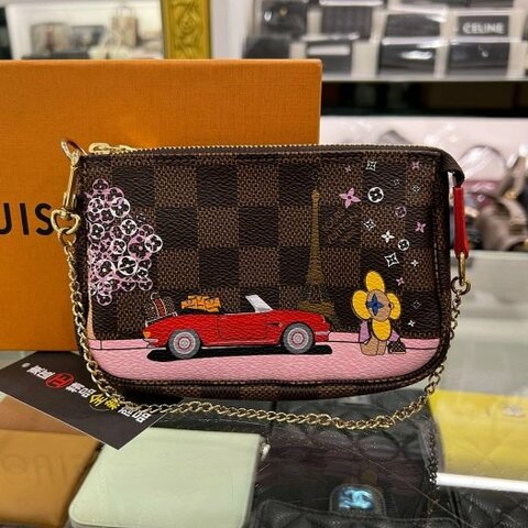 東區正精品㊣LOUIS VUITTON LV N60259 全新咖啡色棋盤格櫻花跑車巴黎鐵塔金鍊手提包收納包小包麻將包 RZ6123
