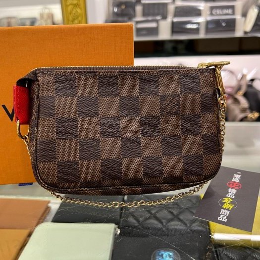 東區正精品㊣LOUIS VUITTON LV N60259 全新咖啡色棋盤格櫻花跑車巴黎鐵塔金鍊手提包收納包小包麻將包 RZ6123-6