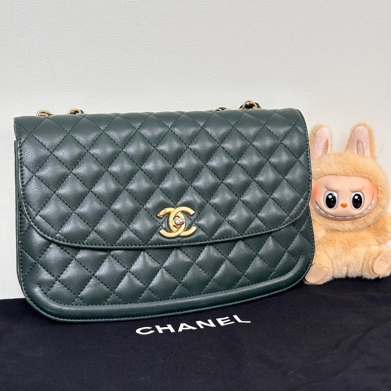 Chanel 牛皮風琴菱格鏈條包 綠色-1
