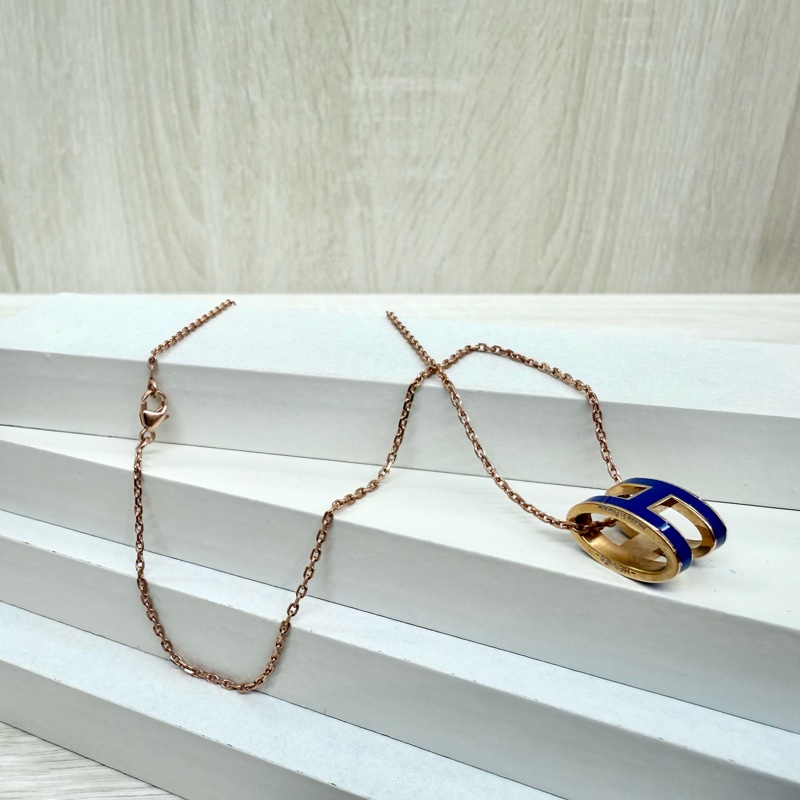 HERMES寶藍色琺瑯玫瑰金鍊POP H項鍊-1