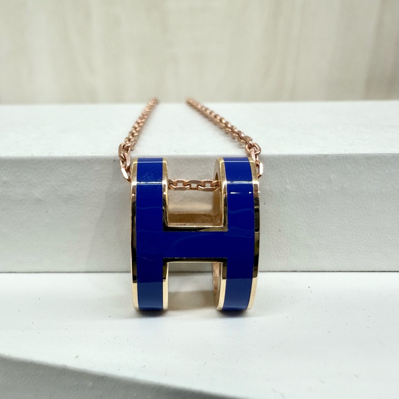 HERMES寶藍色琺瑯玫瑰金鍊POP H項鍊-5