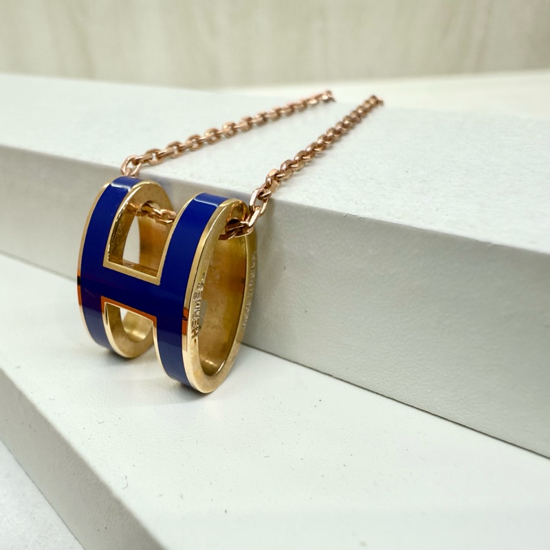 HERMES寶藍色琺瑯玫瑰金鍊POP H項鍊-6