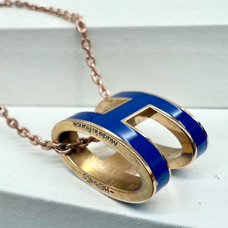 HERMES寶藍色琺瑯玫瑰金鍊POP H項鍊-11