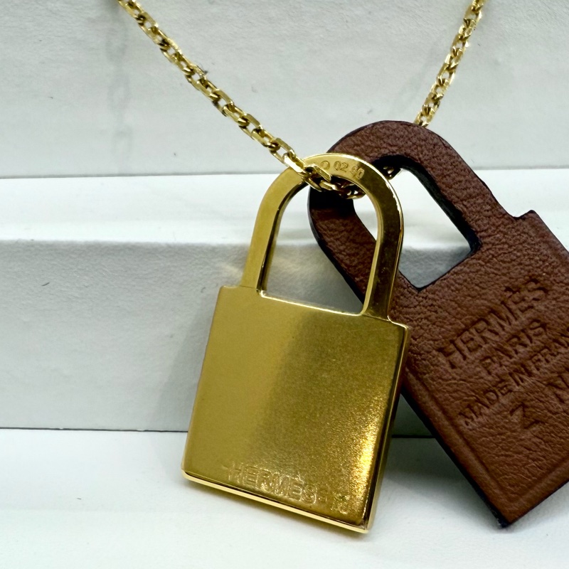 HERMES金色拚棕色皮革鎖頭造型OKelly系列項鍊-8