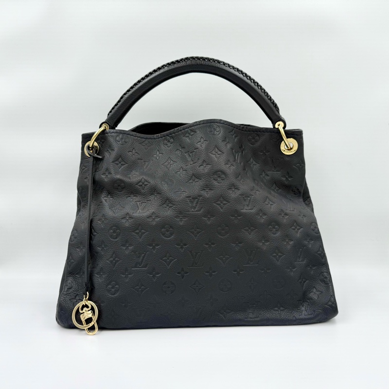 LV夜黑藍牛皮壓紋金釦MM手提棍把包M93448-0