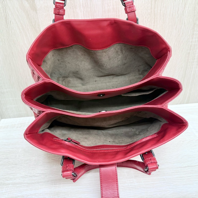 BV紅色小編織三層手提風琴包-5