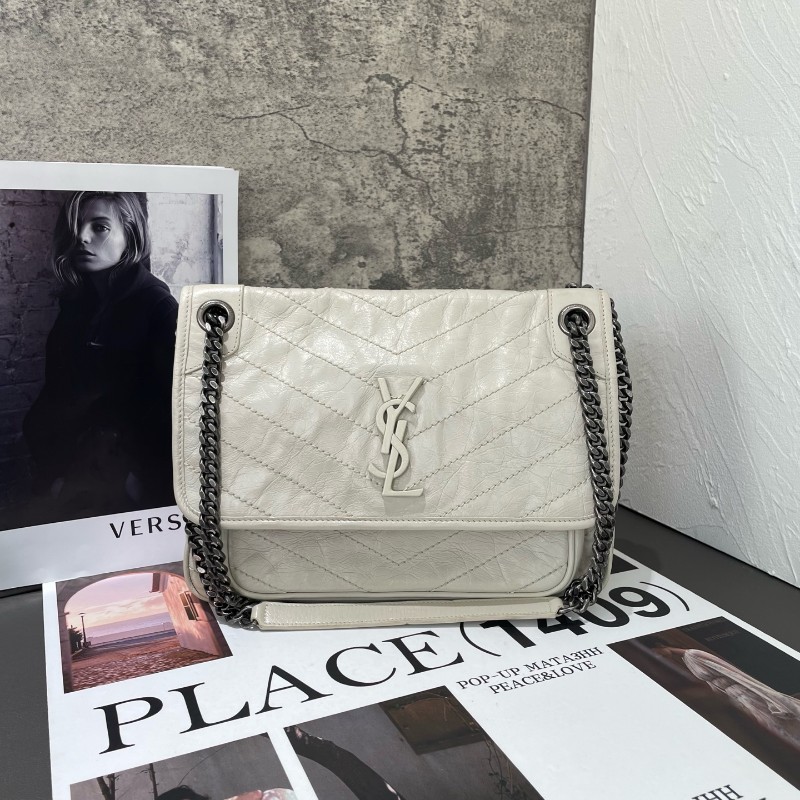 YSL Niki 中號 D扣 奶油白油蠟皮肩背包斜背包-0