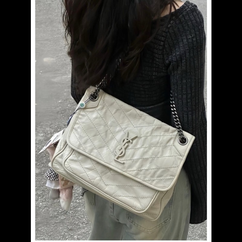 YSL Niki 中號 D扣 奶油白油蠟皮肩背包斜背包-4