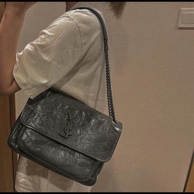 YSL Niki 中號 水泥灰 無D扣款 油蠟皮 肩背包斜背包-4