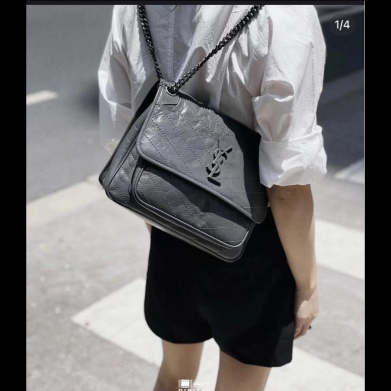 YSL Niki 中號 水泥灰 無D扣款 油蠟皮 肩背包斜背包-5