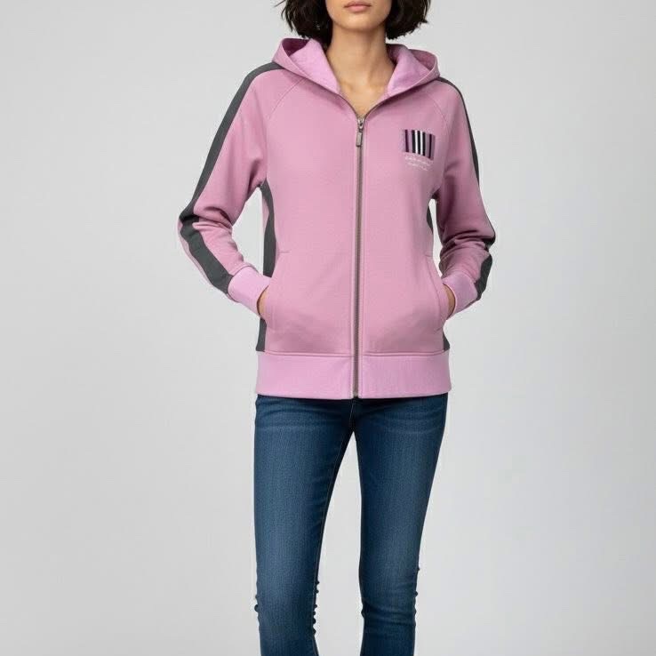 BURBERRY 黑標 粉紅深灰拼色刺繡連帽外套(帽可拆)-9