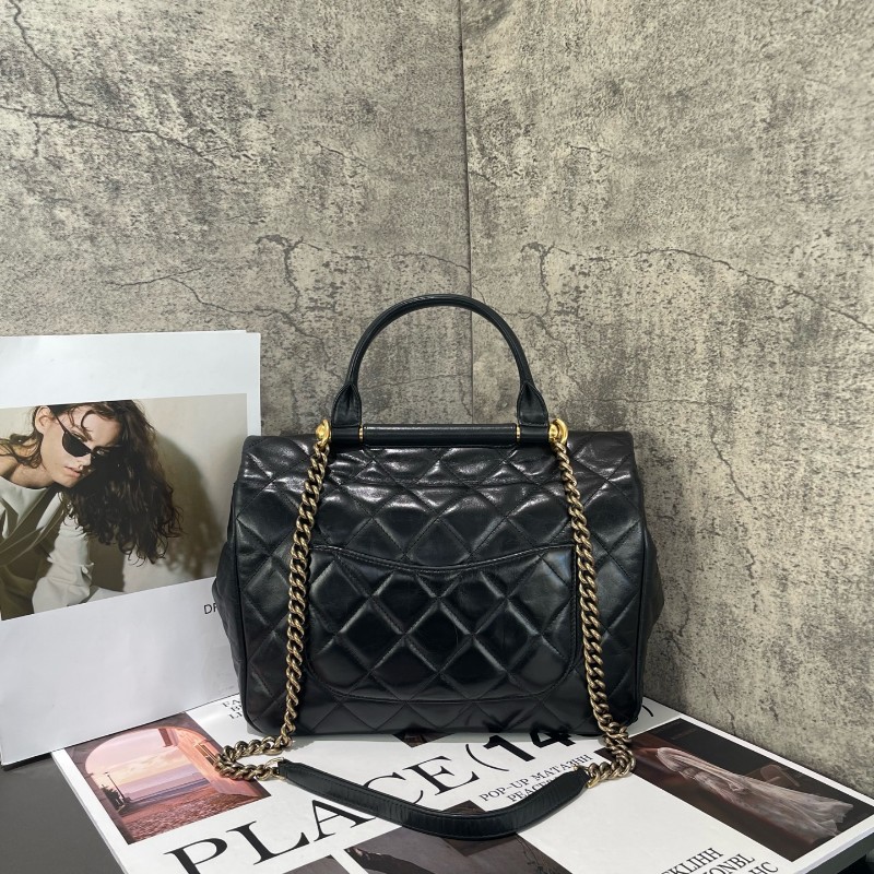 Chanel  handle 菱格孟買 黑金 復古郵差包 油蠟皮 可手提可斜挎-1