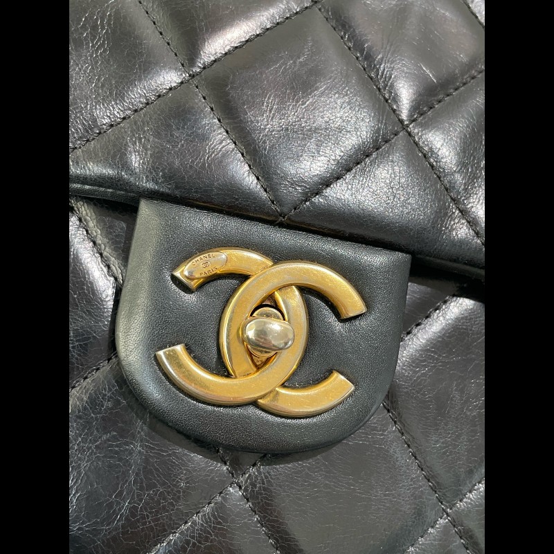 Chanel  handle 菱格孟買 黑金 復古郵差包 油蠟皮 可手提可斜挎-8