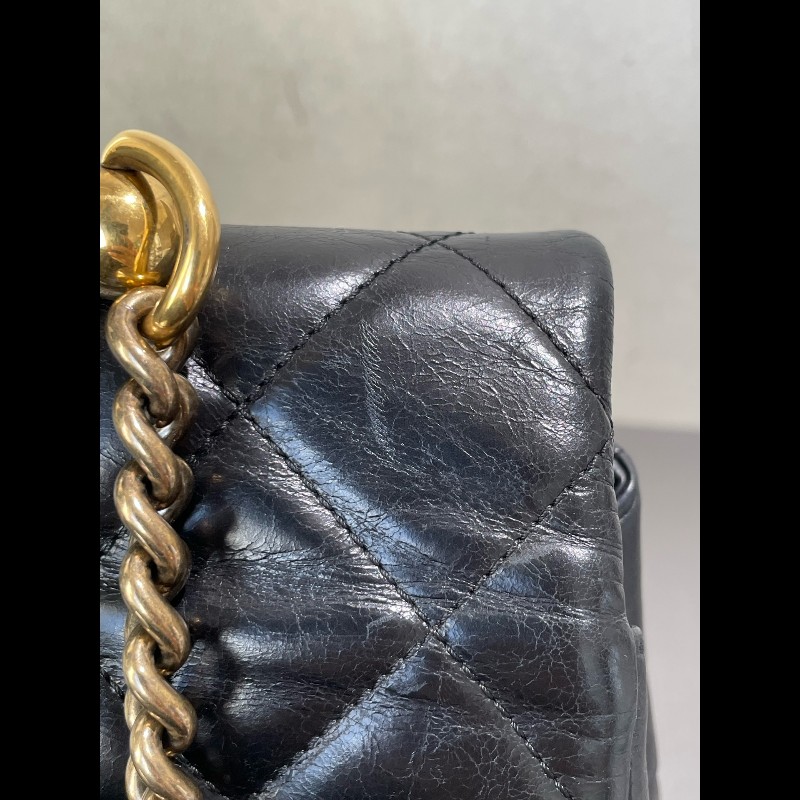 Chanel  handle 菱格孟買 黑金 復古郵差包 油蠟皮 可手提可斜挎-29