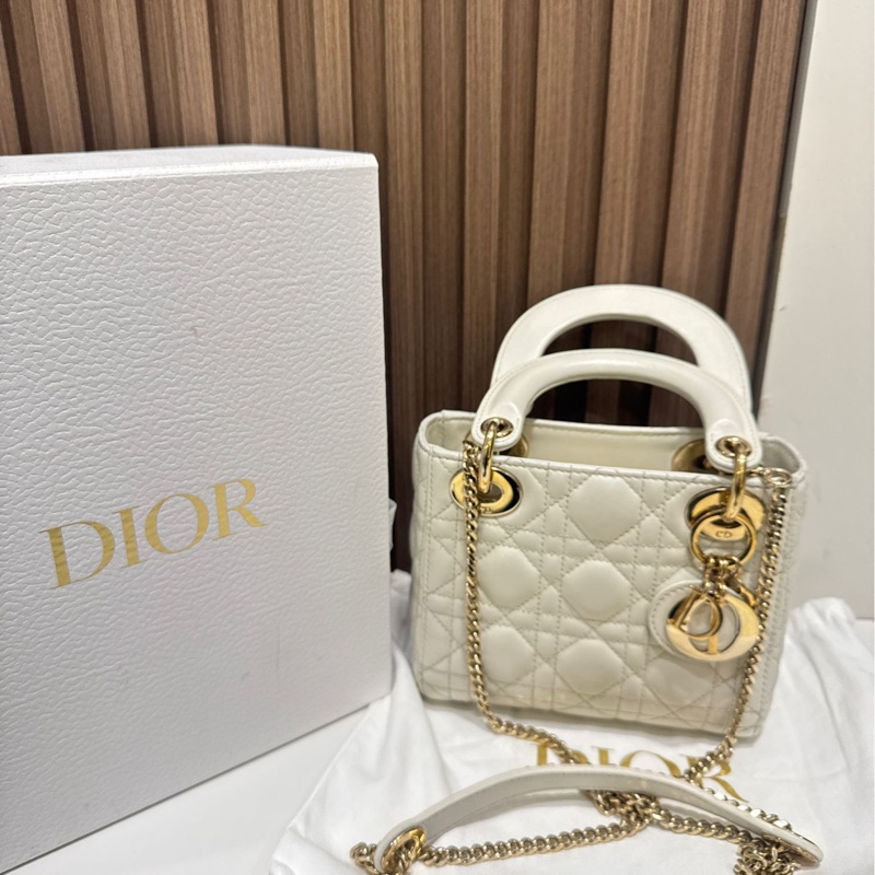 【全網最低價✨ 95%新✨有盒有塵袋】Lady Dior Mini 三格戴妃奶油白色-1