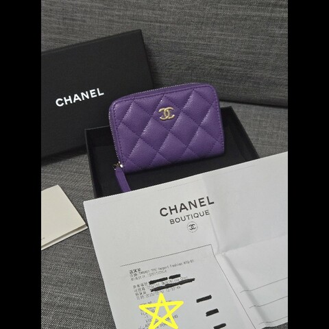 Chanel 香奈兒 紫色荔枝牛皮金釦ㄇ拉拉鍊零錢包 卡片包 🈶購證