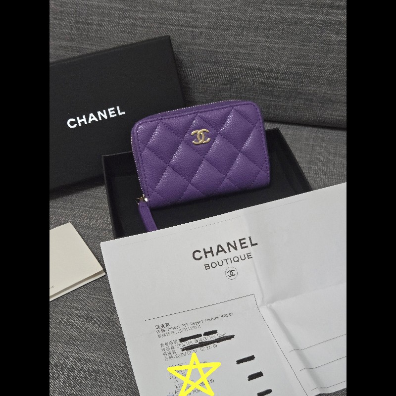 Chanel 香奈兒 紫色荔枝牛皮金釦ㄇ拉拉鍊零錢包 卡片包 🈶購證-0
