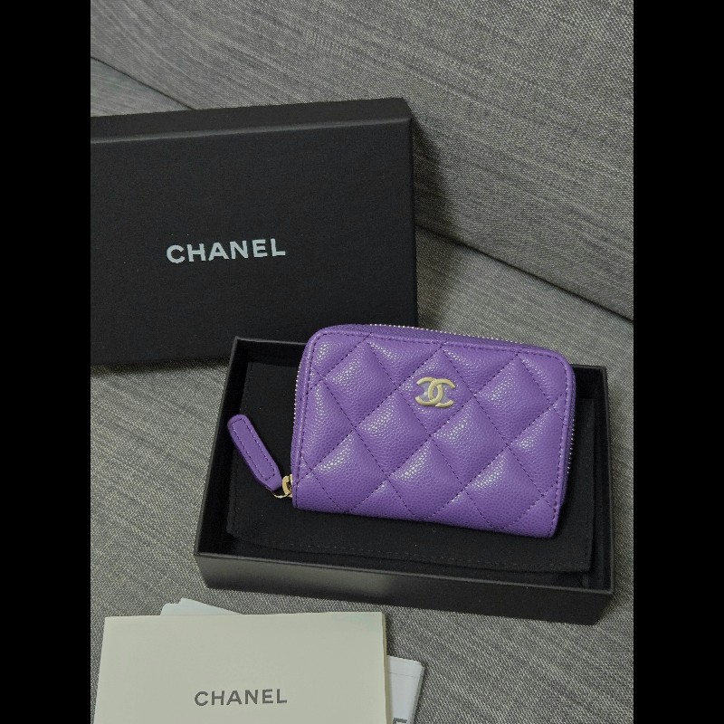Chanel 香奈兒 紫色荔枝牛皮金釦ㄇ拉拉鍊零錢包 卡片包 🈶購證-1