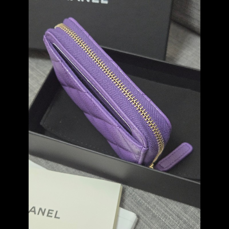 Chanel 香奈兒 紫色荔枝牛皮金釦ㄇ拉拉鍊零錢包 卡片包 🈶購證-2
