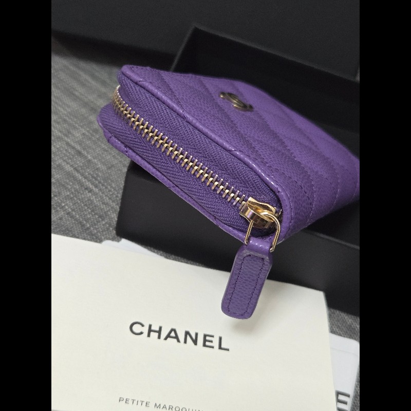 Chanel 香奈兒 紫色荔枝牛皮金釦ㄇ拉拉鍊零錢包 卡片包 🈶購證-3
