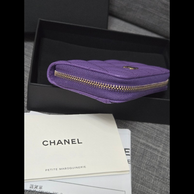 Chanel 香奈兒 紫色荔枝牛皮金釦ㄇ拉拉鍊零錢包 卡片包 🈶購證-4