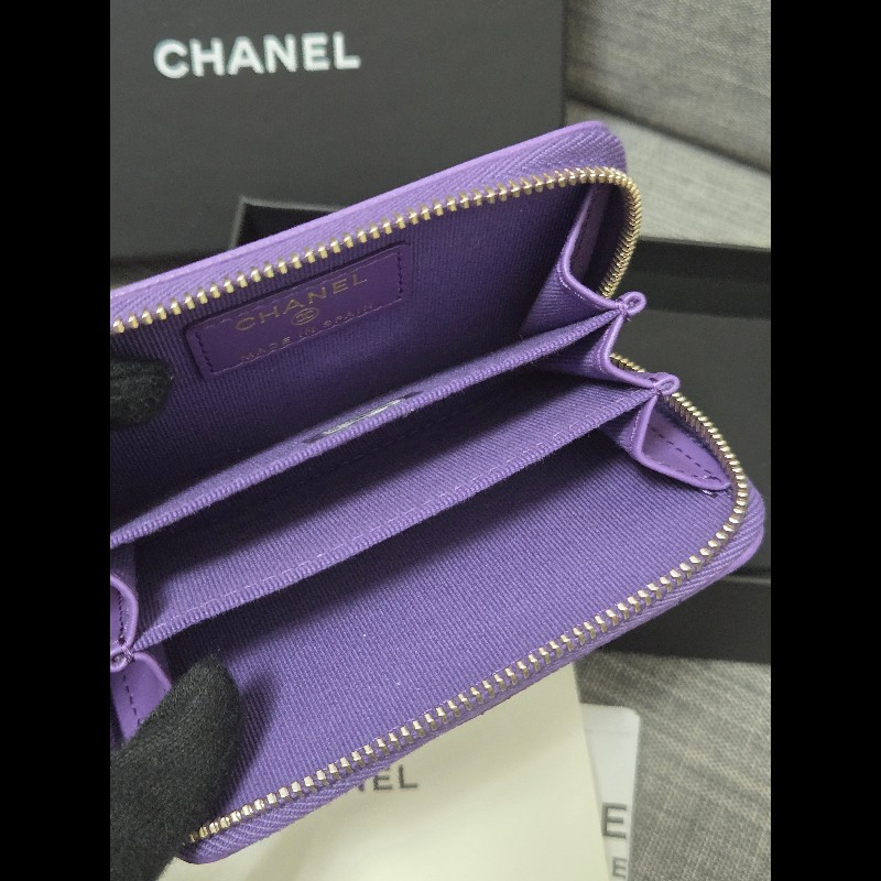 Chanel 香奈兒 紫色荔枝牛皮金釦ㄇ拉拉鍊零錢包 卡片包 🈶購證-5