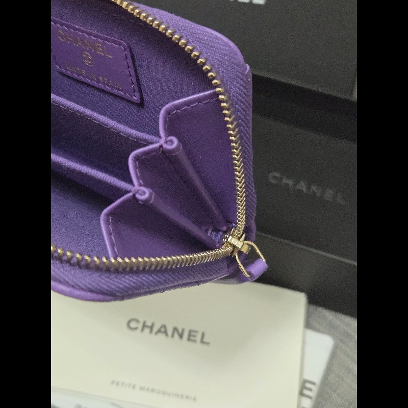 Chanel 香奈兒 紫色荔枝牛皮金釦ㄇ拉拉鍊零錢包 卡片包 🈶購證-6