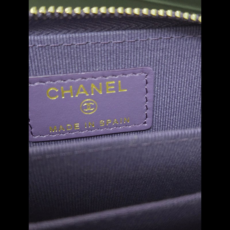 Chanel 香奈兒 紫色荔枝牛皮金釦ㄇ拉拉鍊零錢包 卡片包 🈶購證-8