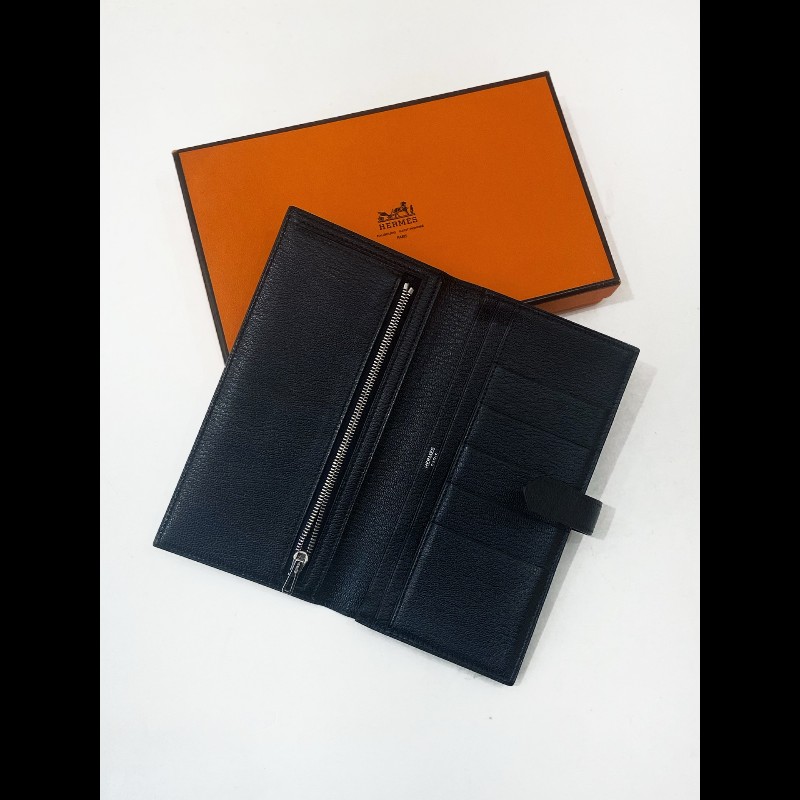 Hermes Bearn 長錢包 黑銀 框刻-3